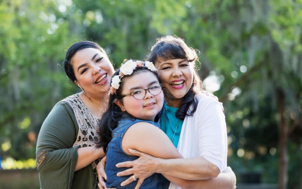 Hispanic female family members embracing